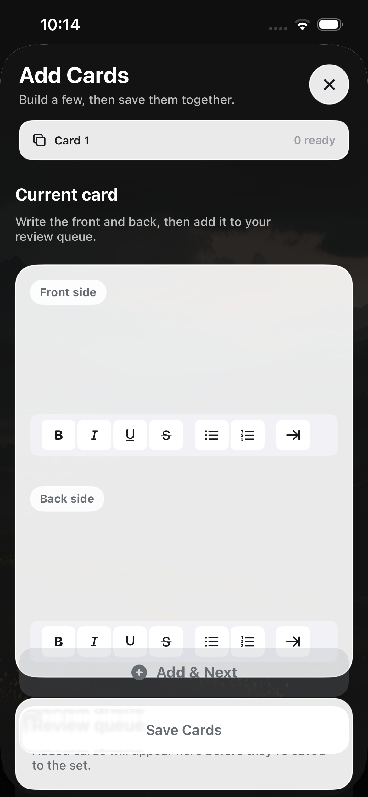 Mnemo flashcard editor with front and back fields