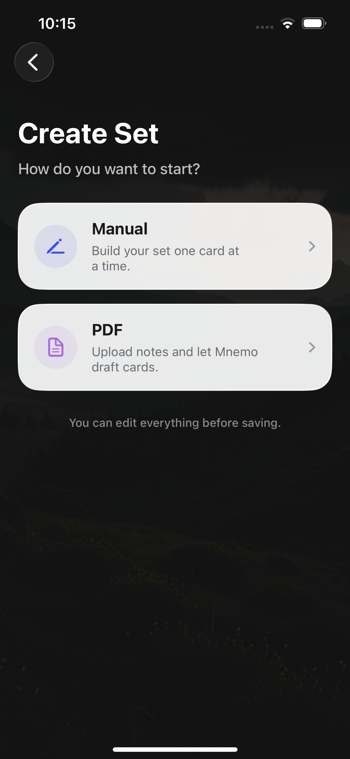 Mnemo screen for creating a set manually or from a PDF