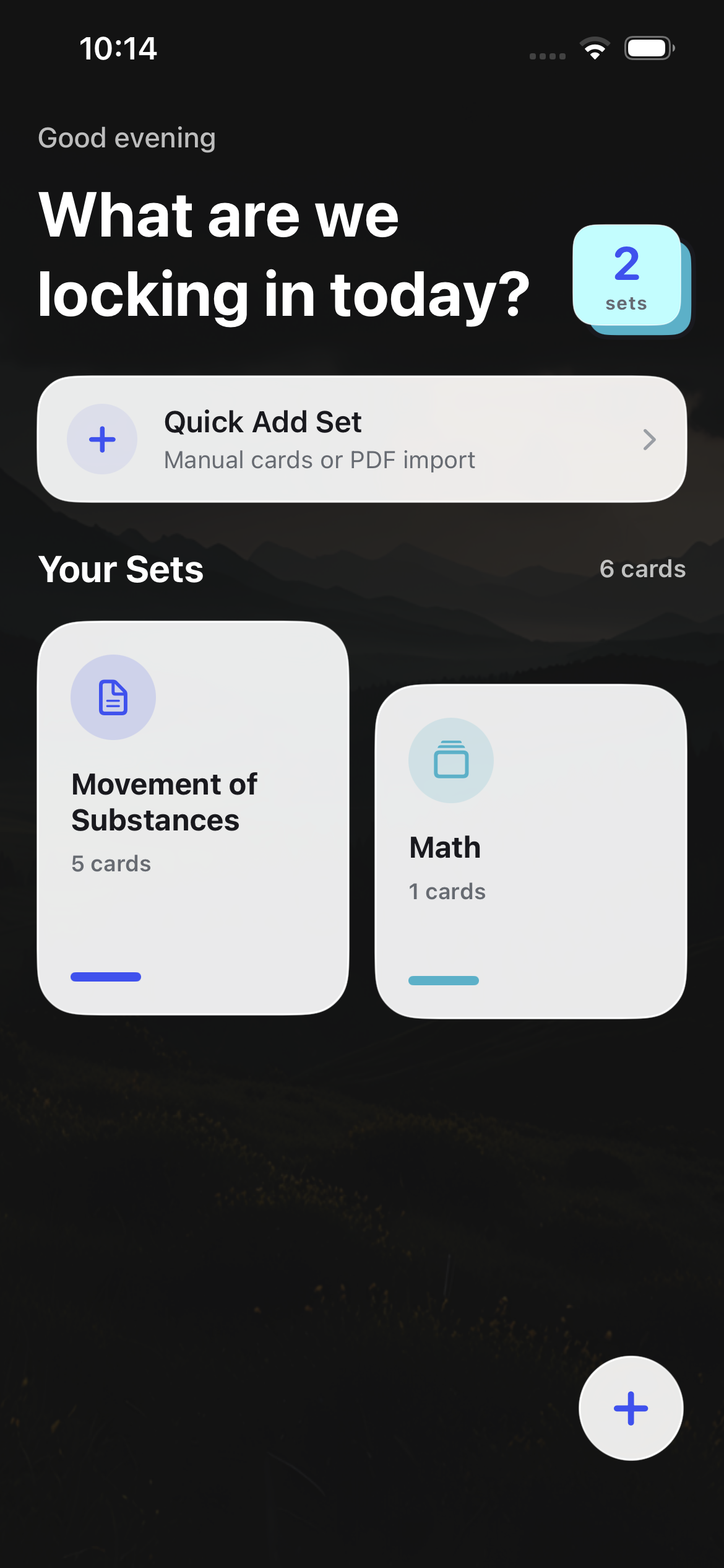 Mnemo home screen showing flashcard sets